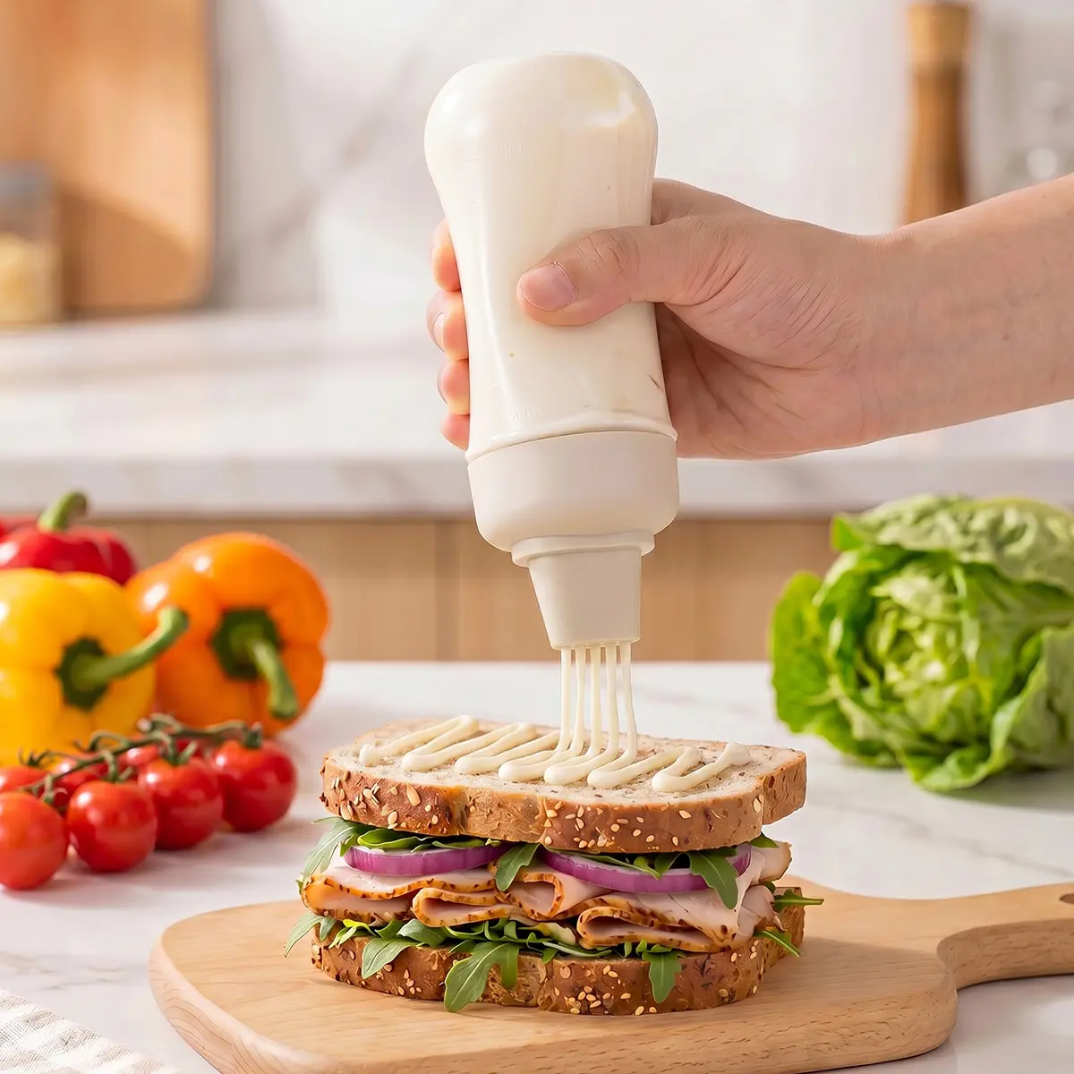 Transparent Squeeze Bottle with 5-Hole Nozzle & Measurement Marks, 350ml Reusable Condiment Dispenser for Ketchup, Mustard, Salad Dressing, Oil & Vinegar