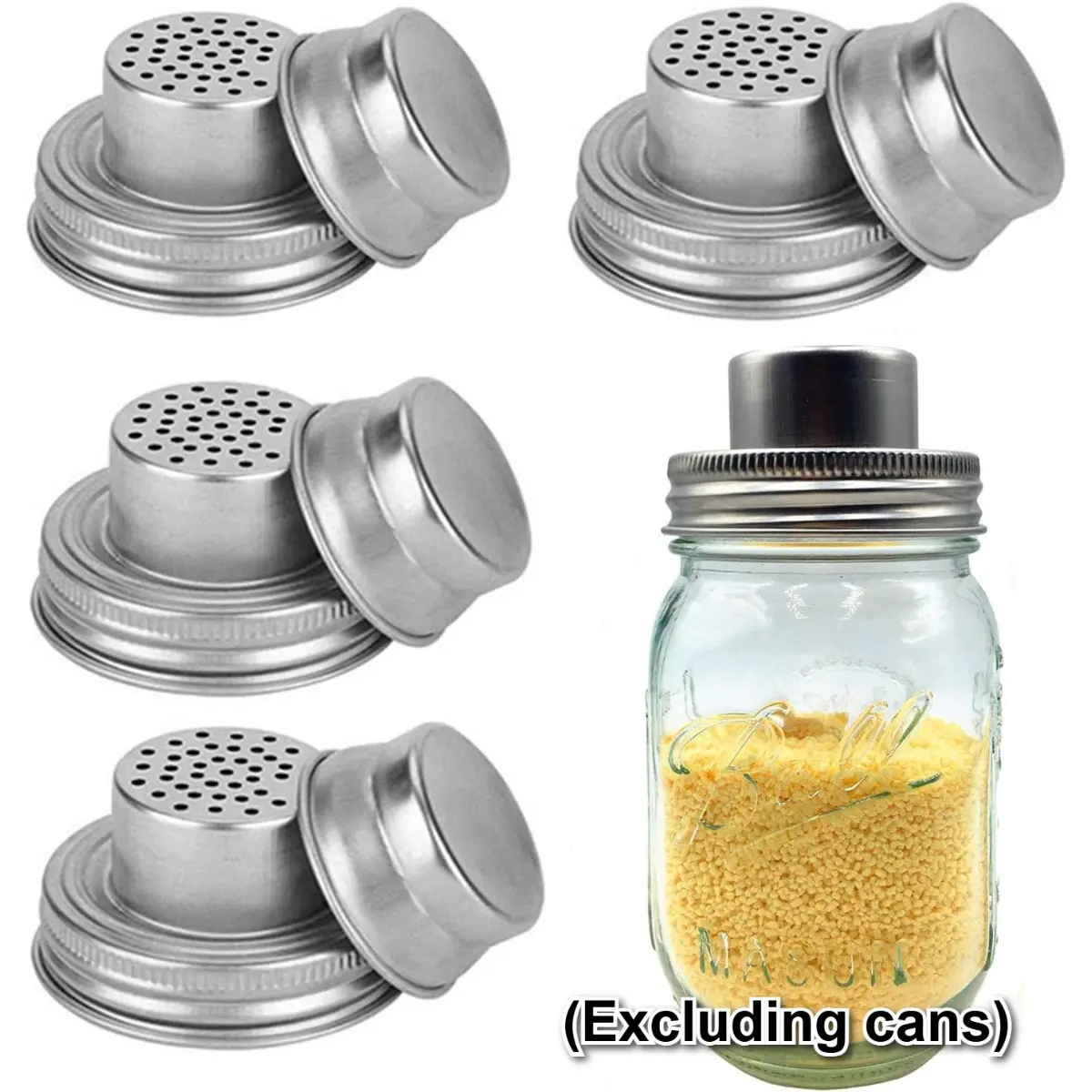 4-piece stainless steel Mason jar seasoning lid - rust proof, spice dispenser, suitable for flour, sugar, pepper, salt, etc. - suitable for all regular caliber cans