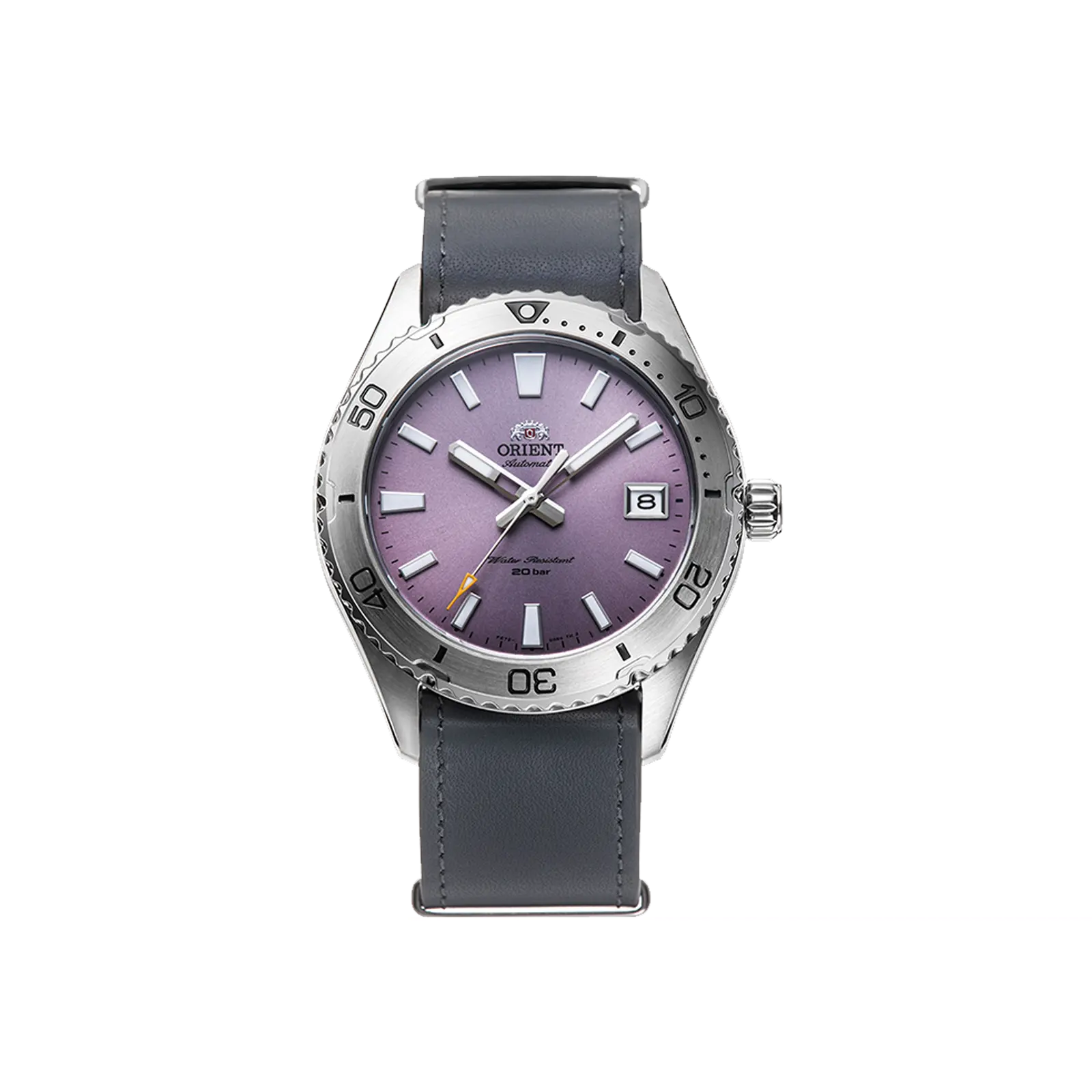 Orient Men's RA-AC0Q07V30B Mechanical Diver Watch, 200m Water Resistance, Round Stainless Steel Case, Automatic Movement, Purple Dial with Luminescent Hands, Sapphire Crystal, Leather Strap with Buckle, 100M - 200M