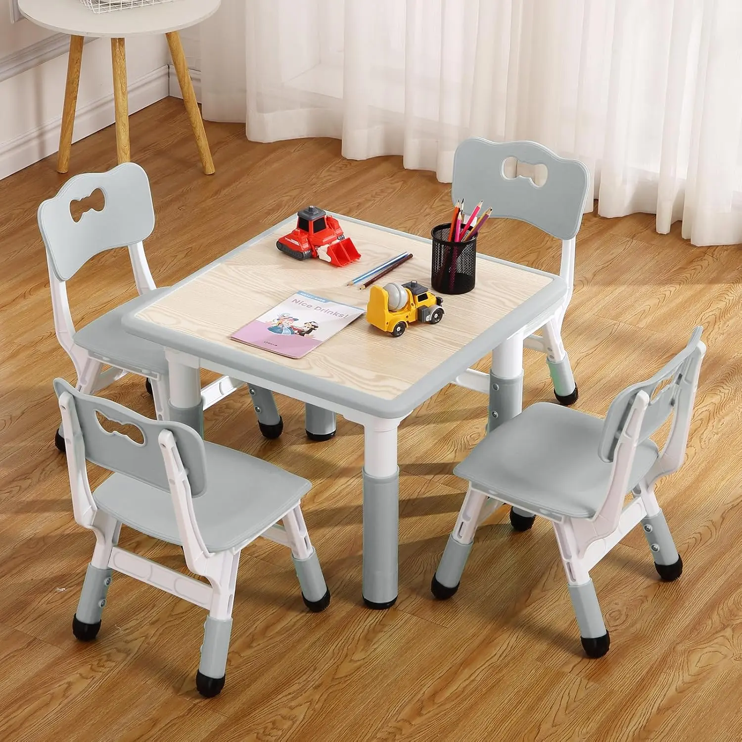 Modern Kids Table and 4 Chair Set,23 inch Height Adjustable Toddler Table and 4 Chairs with Non-Slip Desk Legs&Organizer Graffiti Desktop,Preschool Activity Kids desks Set for Ages 2-10(Gray) Dining Furniture Wood Ergonomic