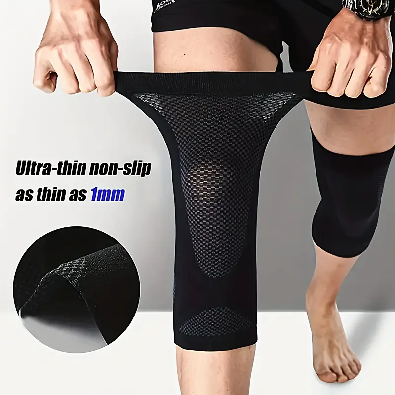 1 Pair Ultra-Thin Knee Compression Sleeves - Non-Slip, Breathable with Graphene Ions for Meniscus Support, Running & Fitness - Black