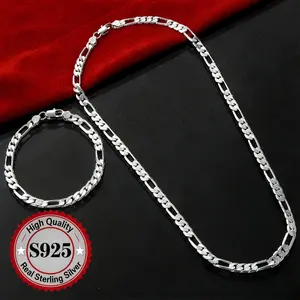 2 pcs of 925 sterling plated 4&6mm triple Figaro chain necklace & bracelet set - 20 & 24 inches chain lengths, hypoallergenic, tarnish-resistant, suitable for parties and gifting, versatile accessory, stylish Figaro chain design
