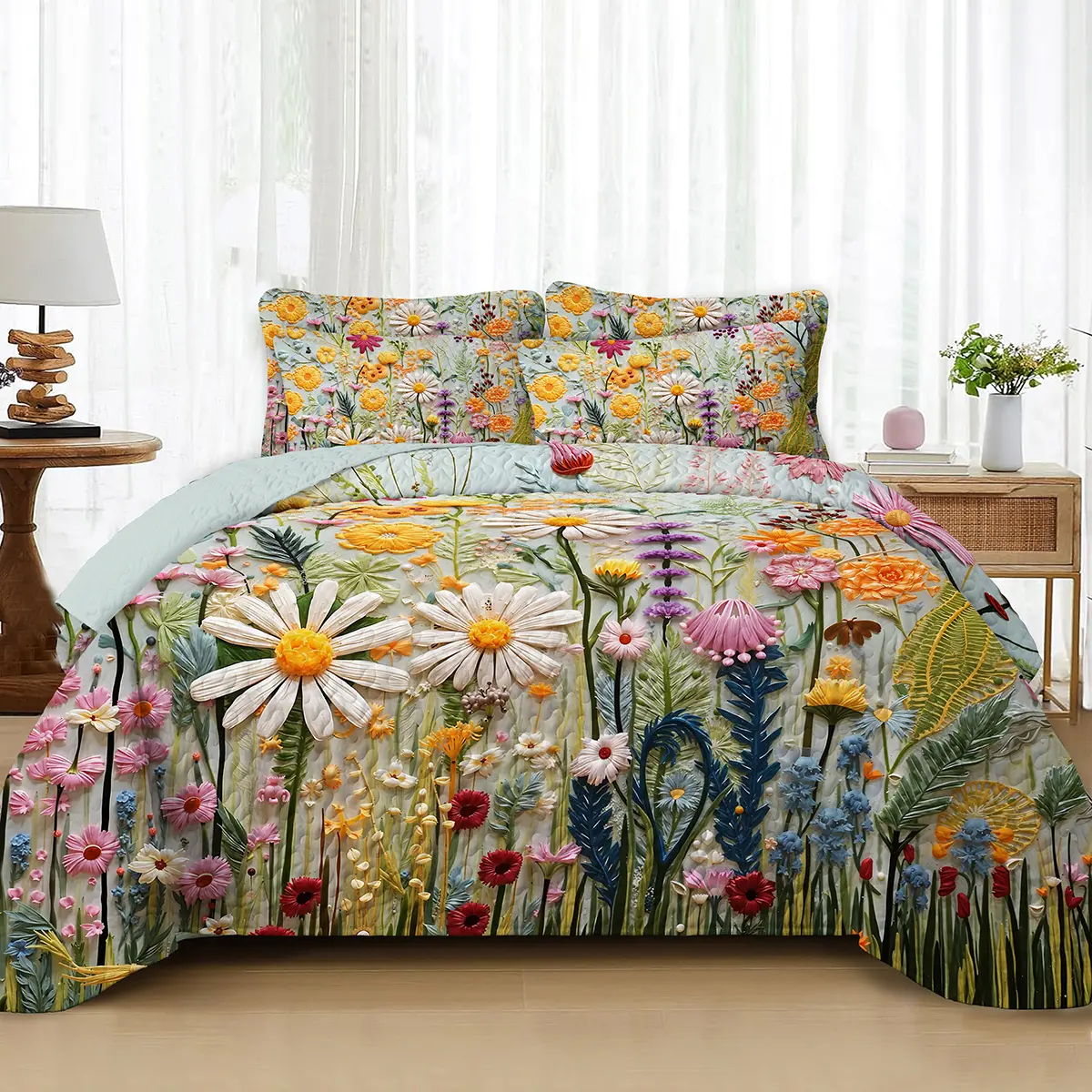 Cosmos Garden Reversible Quilt Bedding Set - Premium Stitched Coverlet with 2 Pillow Shams, Vibrant Digital Print, No Shrinkage, Anti-Deform Soft All-Season Queen/King Bedding Sets for Bedroom Decor, Queen Comforter Set