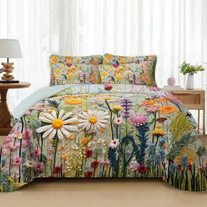 Cosmos Garden Reversible Patchwork Quilt Set, Lightweight Boho Printed Bedspread Coverlet All Season Bedding Set with 2 Pillow Shams, Soft Microfiber King/Queen Size Bed Cover for Bedroom Decor
