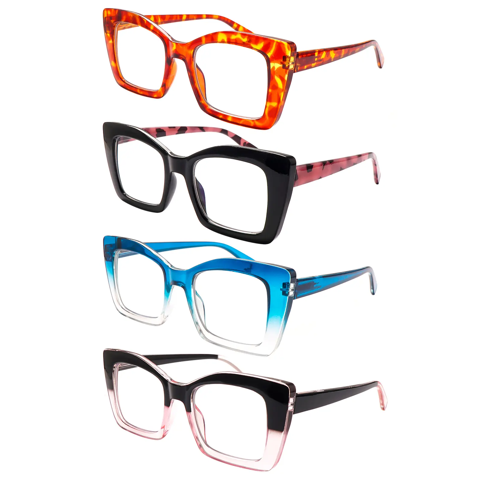 Women's 4-Pack Progressive Multifocal Blue Light Blocking Reading Glasses, Stylish Oversized Frame, Spring Hinges, 3-Level Adjustable Vision Zones, UV Protection, Eye Protection, Protect Your Vision and Health, Clear Durable Daily Use, Ideal Gift