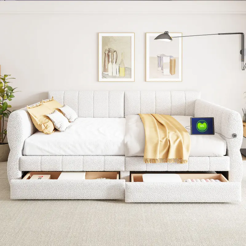 Upholstered Lambswool Queen Daybed Frame - Sleeper Couch with 2 Storage Drawers, 2 USB Charging Ports, Armrests, 79.9'' x 60.2'' Size, No Spring Box Needed, Easy Assembly, Beige Bed Frame for Living Room, Home Office Furniture