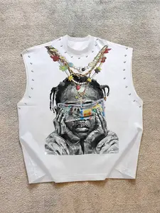 Trendy Men's Round Neck Asymmetrical Tank Top Vest with Character Graphic Print Front, Decorative Necklace Design, Letter Slogan Back, Skin-Friendly Fabric, Streetwear Style