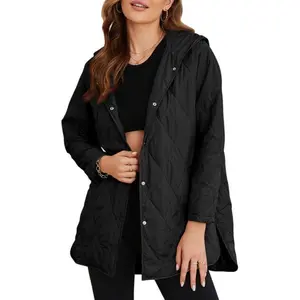 Jacket for Women Casual Fall Hooded Puffer Long Sleeve Button Oversized Lightweight Basic Winter Black Outerwear Comfort Coat Tops 2025 Womenswear Outfits Can be used with a raincoat