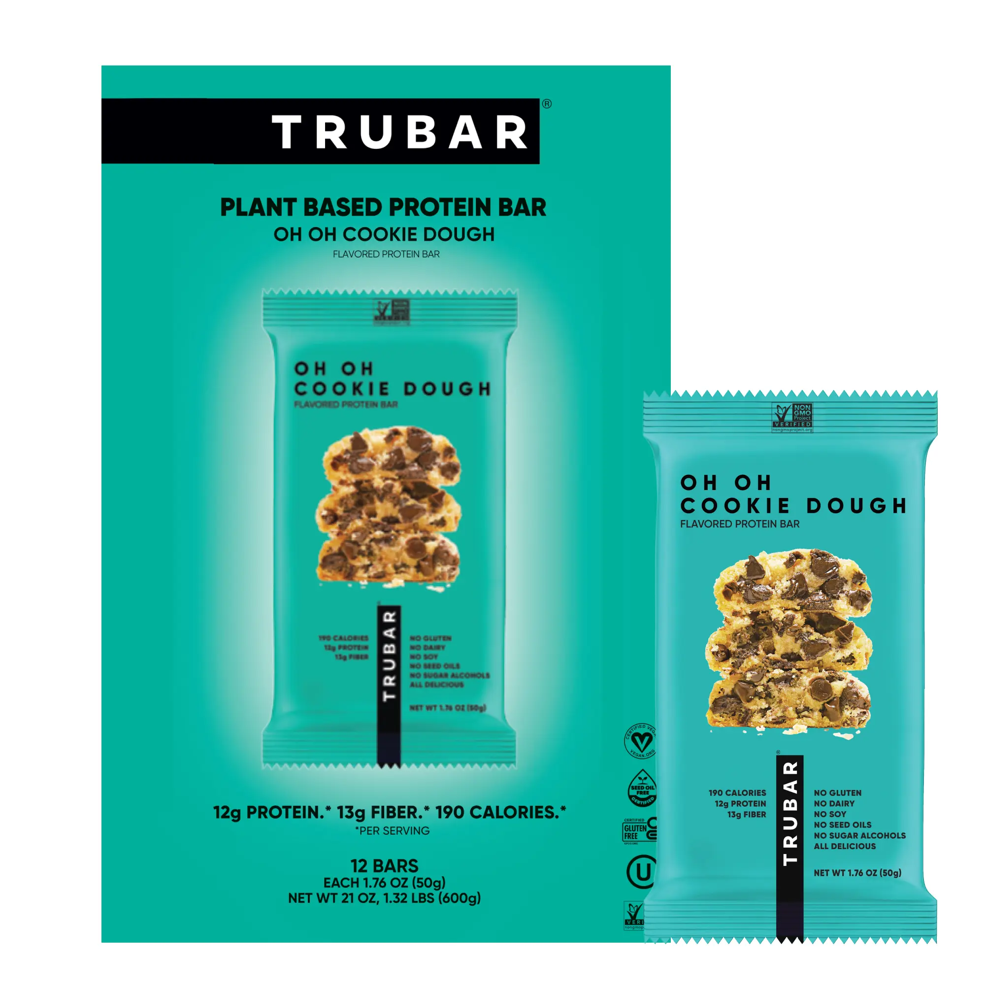 TRUBAR Vegan Protein Bar, Oh Oh Cookie Dough, Gluten Free, Plant Based Protein, Dairy Free, Non GMO, Soy Free, No Sugar Alcohols, 12 CT Snack