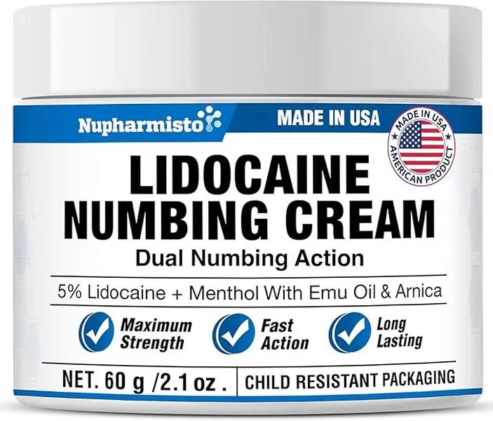 Nupharmisto - Lidocaine Numbing Cream Maximum Strength: Long Lasting Painless Topical Numb - Extra Relief with Lidocaine Menthol Arnica and Emu Oil 2.1oz/ 60g