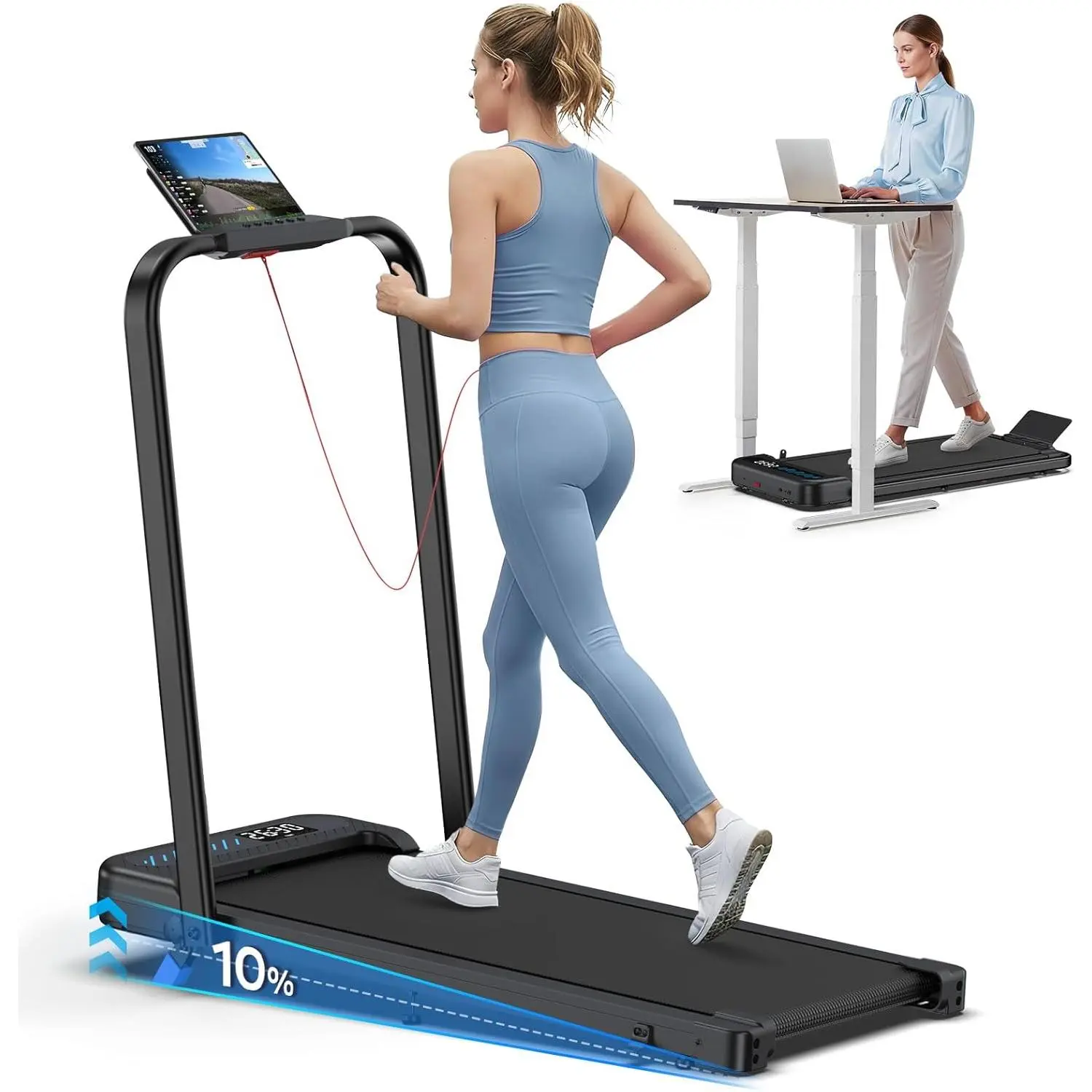 Walking Pad with Incline and Handle Bar, Foldable Treadmills for Home Small Spaces, 3.0HP Quiet Compact Treadmill, Portable Under Desk Treadmill with LED Display, App & Remote Control