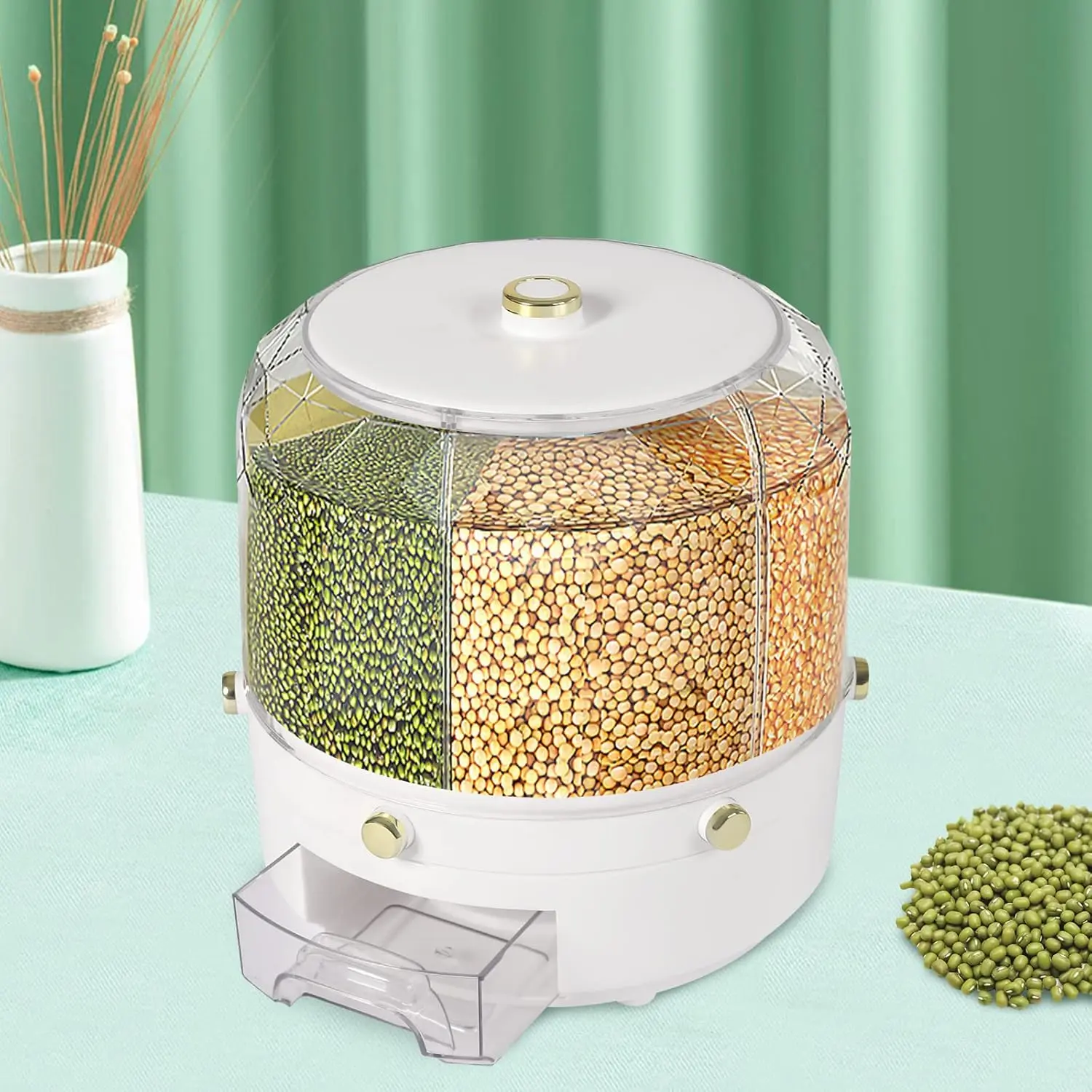 6 Grids Rice & Grain Storage Container Rice Dispenser 360° Rotating Food Dispenser Grain Dispenser One-Button Pressing Storage Bucket for Grains Snacks Candy Coffee Beans Dog Kitchen Utensils White