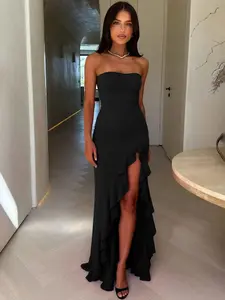 Women's Solid Color Ruffles High Split Off-Shoulder Sleeveless Bodycon Tube Dress Elegant Sexy Strapless Backless Ruched Slit Plain Birthday Party Club Evening Gown Holiday Long Full Formal Dresses for Ladies Girls Flattering Fitted Casual Clothes Wear