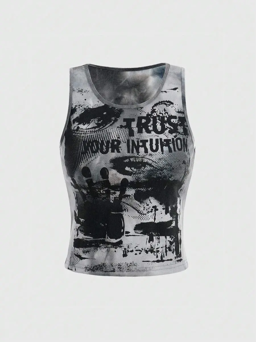Grunge Punk Kpop Tie Dye Eye & Letter Graphic Tank Top, School