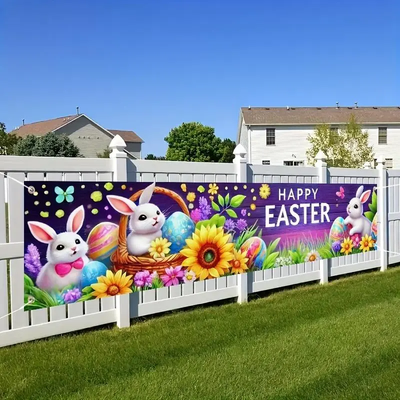 Easter Themed  Banner, 1 Count Colorful Rabbit & Egg Pattern Happy Easter Wall Decor Banner, Party Decoration Supplies for Home Garden Celebration Polyester Backdrop