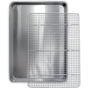 Commercial Quality Cookie Sheet and Rack - Aluminum Half Sheet Baking Pan and Stainless Steel Cooling Rack Set 13x18 Rust & Warp Resistant, Heavy Duty