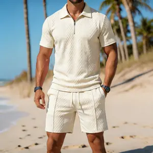 Men's pure color diamond pattern sports and casual short-sleeved shirt and shorts set, loose and comfortable home wear, perfect for beach vacation, daily street wear, and commuting, two-piece set