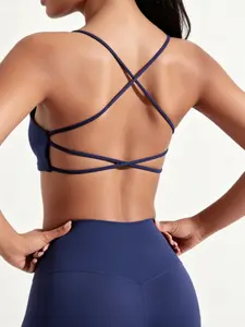 Women's Solid Criss Cross Backless Sports Bra, Breathable Comfortable Removable Chest Pads Sports Bra, Ladies Sportswear for Indoor Outdoor Wear, Gym Clothes, Strappy Sports Bra, Sport Bras