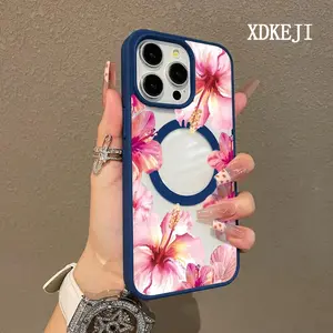 Hibiscus Harmony Pattern Magnetic Phone Case Supports Wireless Charging for iPhone 15 16 14 Pro Max 13 12 11 Plus Shockproof Non Slip Protection Silicone Transparent Acrylic Large Hole Cover Cellphone Protective