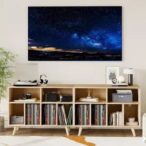 Garvee Record Player Stand with Power Outlet and Large Storage Cabinet, Holds 350 Albums, Ideal for Living Room, Bedroom, or Office, Natural Finish