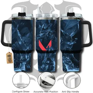 HardTimesMerch - Valorant  #1 40oz Handle Tumbler Stainless Steel Travel Mug, Game Inspired Vacuum Insulated Cup, Large Iced Coffee Tumbler, Manga Fighter Drinkware, Gamer Gift for Him Her