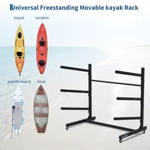 Gaomon-4-Tier Freestanding Kayak Storage Rack, Heavy Duty Metal Stand with Adjustable Wheels, Rust Resistant Double Layer Holder for Kayaks Canoes SUPs Surfboards Indoor Outdoor Garage