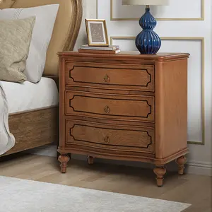 HULALA HOME Classic Solid Wood End Table with 3 Drawers, Built-In Charging Station & USB Ports, Vintage Bronze Handles, Curved Front Design, Adjustable Feet, Living Room ,Nightstand