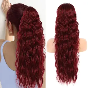 Burgundy Ponytail Extension 24 Inch Long Wine Red Drawstring Ponytail Extension for Women Synthetic Long Curly Wavy Ponytail Hair Extensions for Daily Party Use