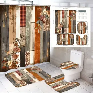1/4pcs Cozy Rustic Farmhouse Bathroom Decor Set with Distressed Wood Plank Shower Curtain, Floral Toilet Lid Cover, Contoured U-Shaped Rug, and Accent Bath Mat – Perfect for Autumn Home Makeover and Country Style Lovers Shower Curtain Sets