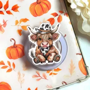 Watercolor Cowboy Highland Cow Magnetic Phone Grip, Aesthetic Western Floral Magsafe Kickstand, Trendy Retro Boho Cowgirl Gift for Her