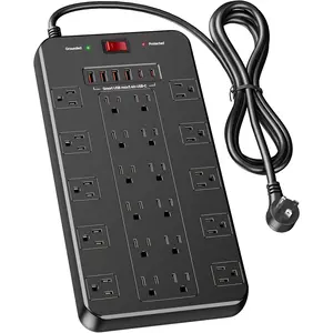 Strip with 22 Outlets 6 USB Ports(2 USB C), 1875W/15A, 6.5 FT Flat Plug Extension Cord with Multiple Outlets for Home Office, Dorm, Gaming Room, Black