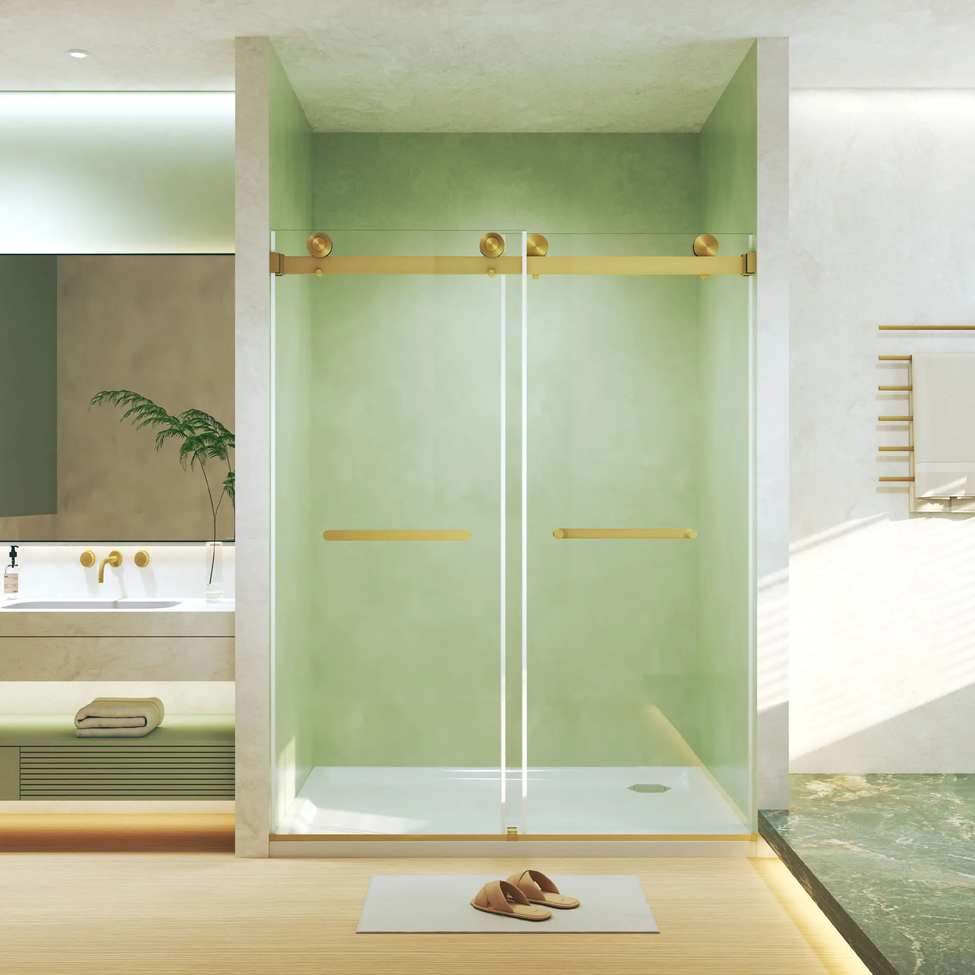 Frameless Dual-Sliding Shower Door, 44-48"W x 74"H, 5/16" (8mm) Thick Tempered Glass, Anti-Shatter Film, Stainless Steel Handle, Square Tube Track - Adjustable Width Bathroom Doors, Slide Door, Water Blocker