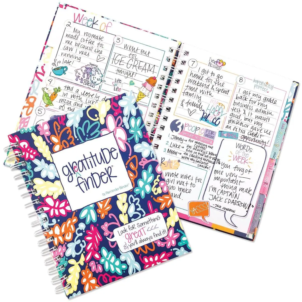 Gratitude Finder® Motivational Daily Journal - Office Stationery Notebook with Island Bloom Design, Kindness Stickers, 52 Weeks Cheerful Illustrated Layout, Guided Prompts for Positive Thinking Reflection