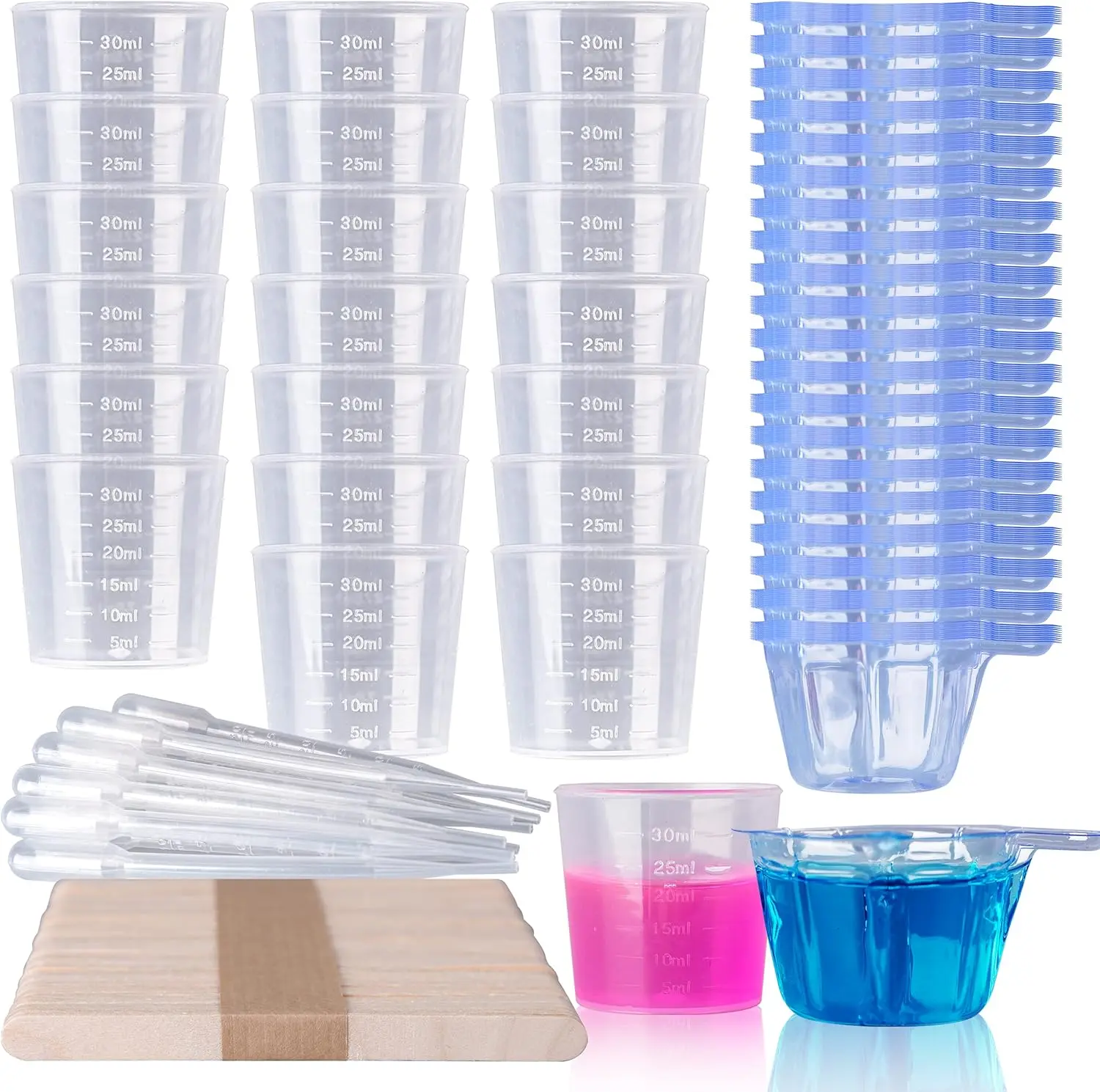 Epoxy Mixing Cups Kit, 200Count, Plastic, 30ml Disposable Measuring Cups, 50 Wooden Stirring Sticks, Dropper for Paint Mixing, Jewelry Making - LET'S RESIN