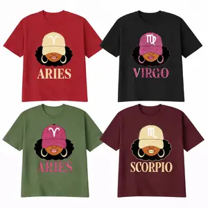 [Full 12 Zodiac] Zodiac Vibes Tshirt – Afro Woman Astrology Sign Pullover with Sparkly Hat Graphic, Unisex Horoscope Crewneck Gift for Black, Military Green, Red, Maroon Color - SoftHype Apparel