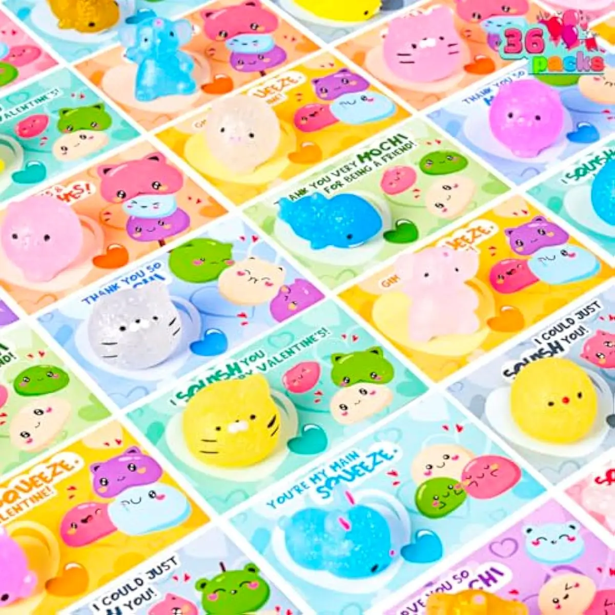 36 Packs Valentines Day Gift Cards with Glitter Mochi Squishy Toys, Stress Relief Fidget Toys, Critter Mochi Squeeze Toy for Kids Valentine's Party Favors, Classroom Exchange and School Prize
