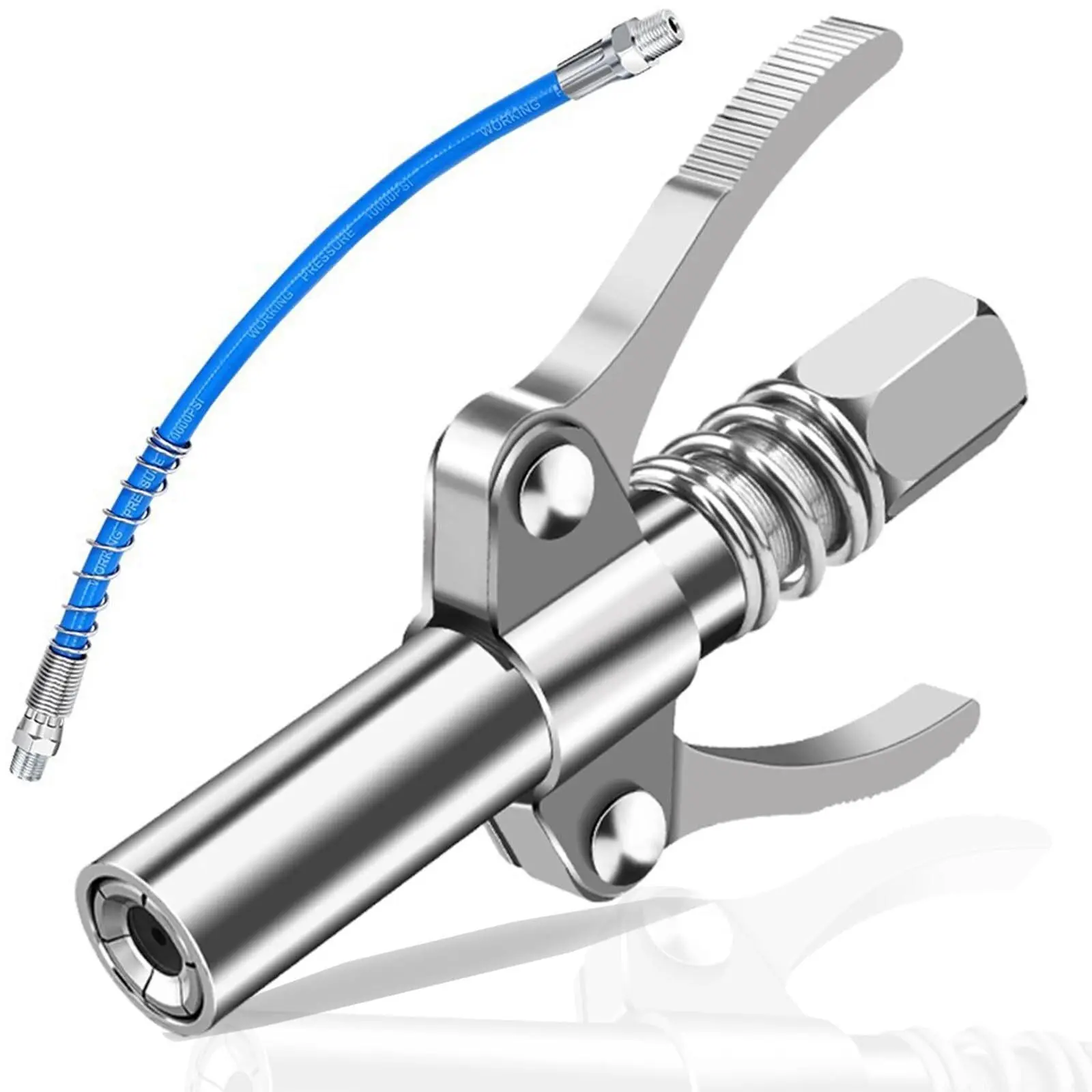 Quick-Lock Grease Gun Coupler – 12-Inch Hose | 12000 PSI 6-Jaw Locking Tip Ensures a Secure, Leak-Free Connection | 1/8" NPT Ends Fit All Standard Pneumatic and Electric Grease Guns | Ideal for Industrial, Automotive, and Agricultural Machinery