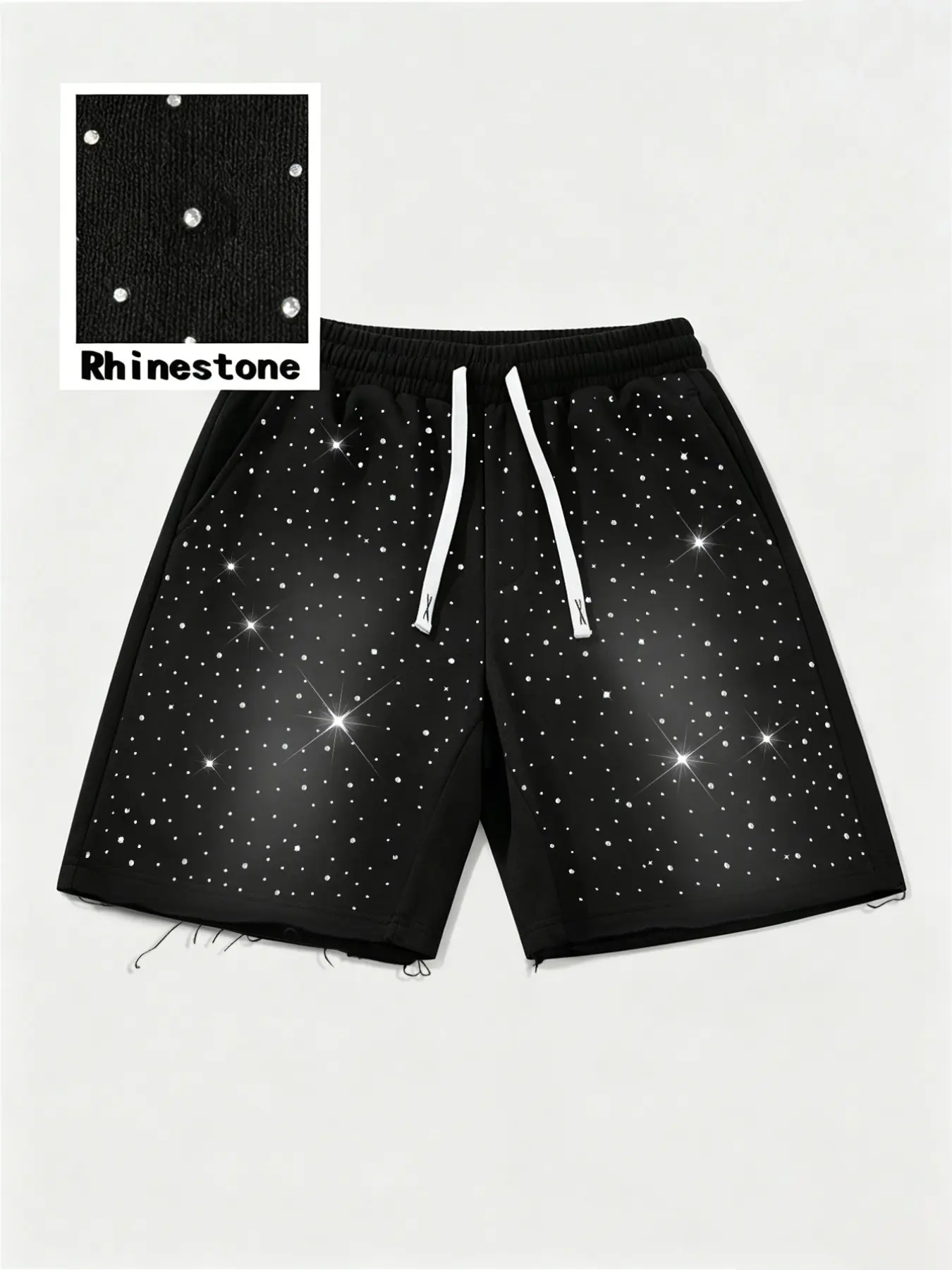 Men's Casual Sport Drawstring Shorts, Athleisure Street Shorts, Full Rhinestone Design, Regular Fit, Graphic Shorts for Summer Daily Wear and Outdoor Activities