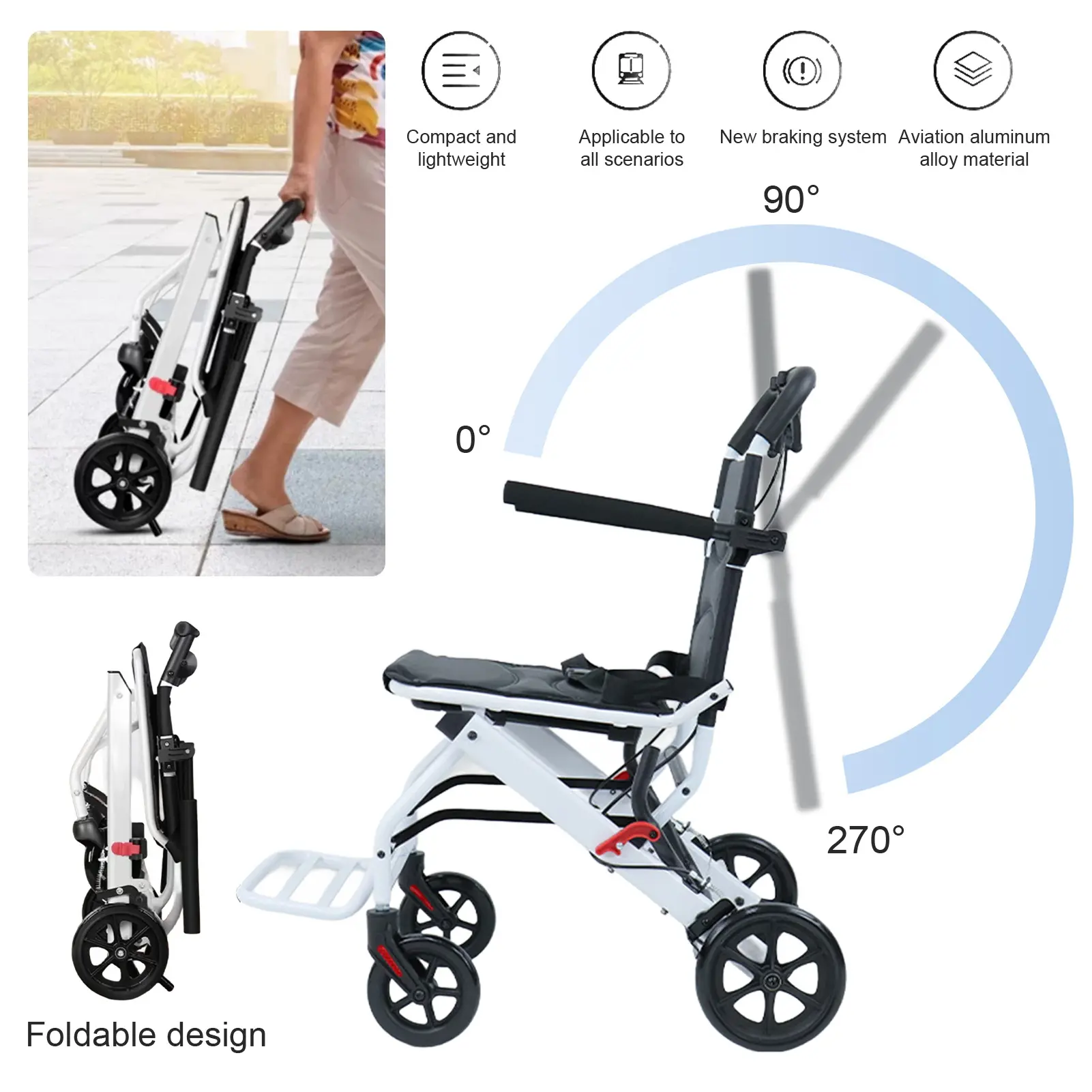 Folding Wheelchair Lightweight Portable Transit Travel Chair for Adults Ergonomic Design Wheelchair with Adjustable Safety Strap Carbon Steel Frame PU Wheels for Smooth Rid