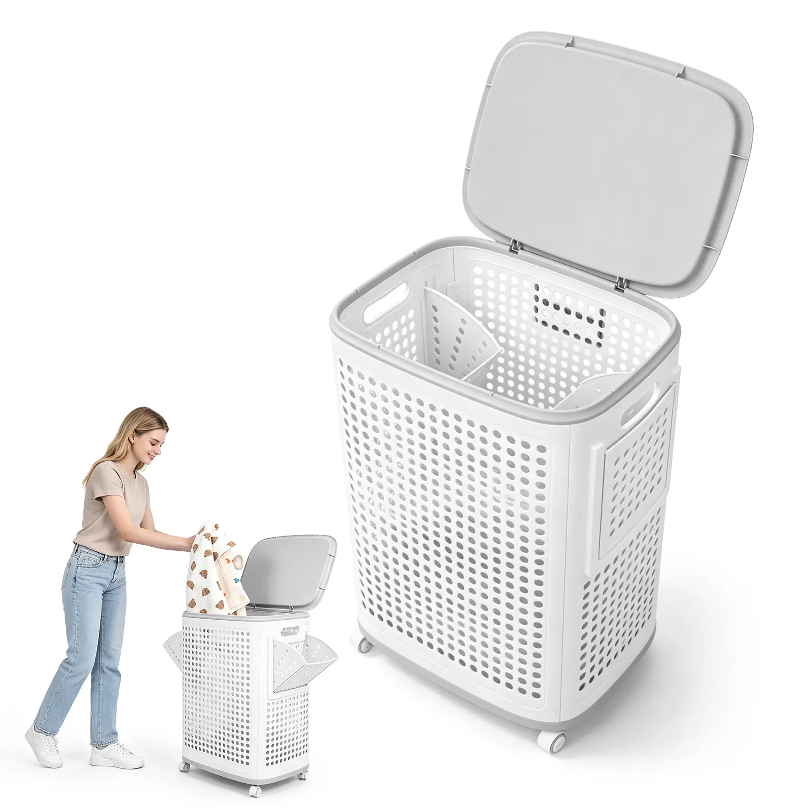 150L Laundry Basket Hamper with Wheels, Rolling with Metal Frame and Removable Bag, Large & Tall Dirty Clothes Hampers for Bedroom Aesthetic, Laundry Room, Bathroom, Dorm-Black
