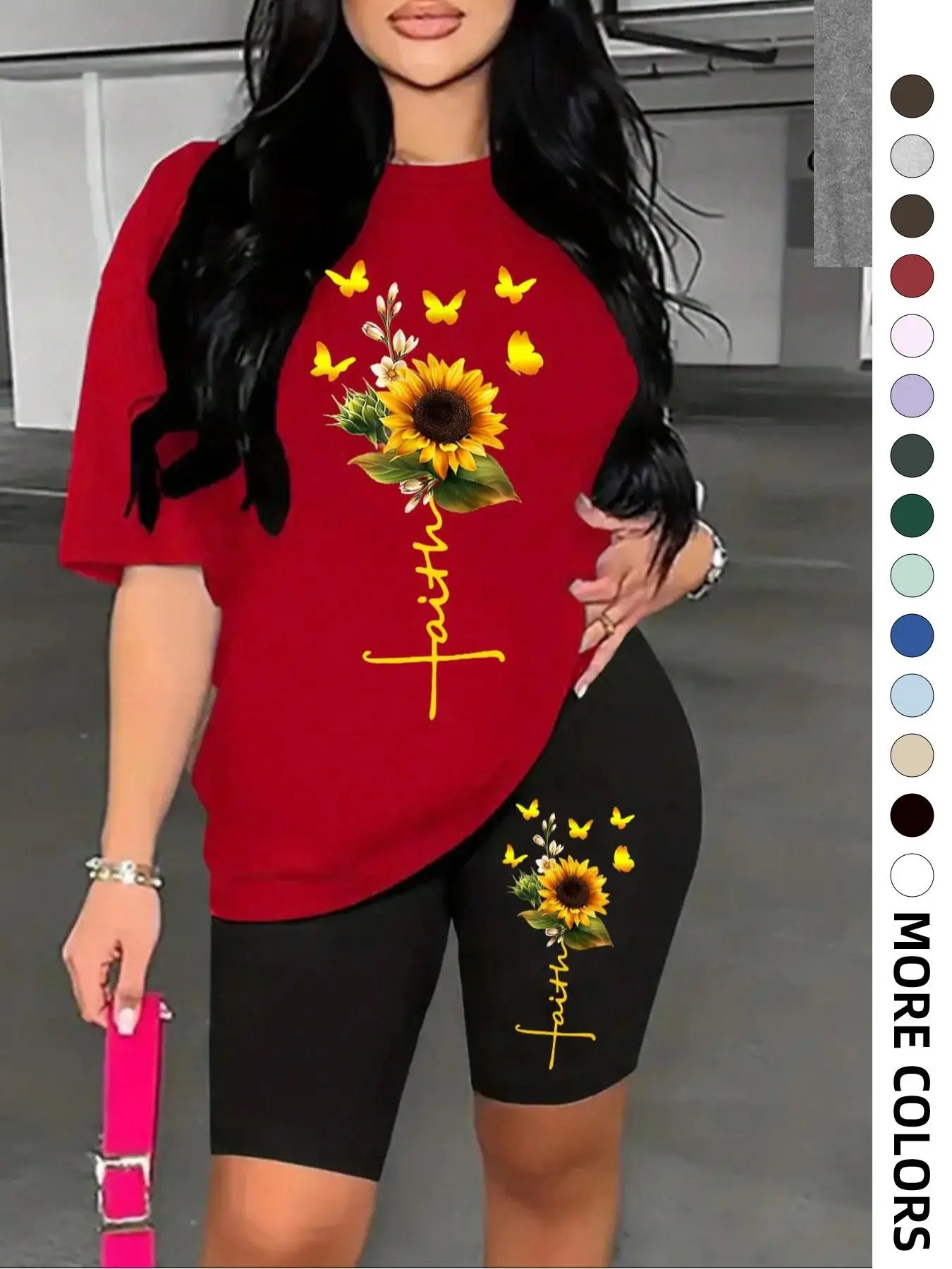 Two-Piece Set Women's Graphic Drop Shoulder Tee & Skinny Shorts Set, Floral Print Half Sleeve T-Shirt & Shorts, Casual Summer Clothes for Daily Wear