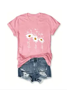 Women's Daisy Butterfly Letter Print Round Neck Tee, Casual Short Sleeve T-shirt for Summer, Ladies Clothes for Daily Wear