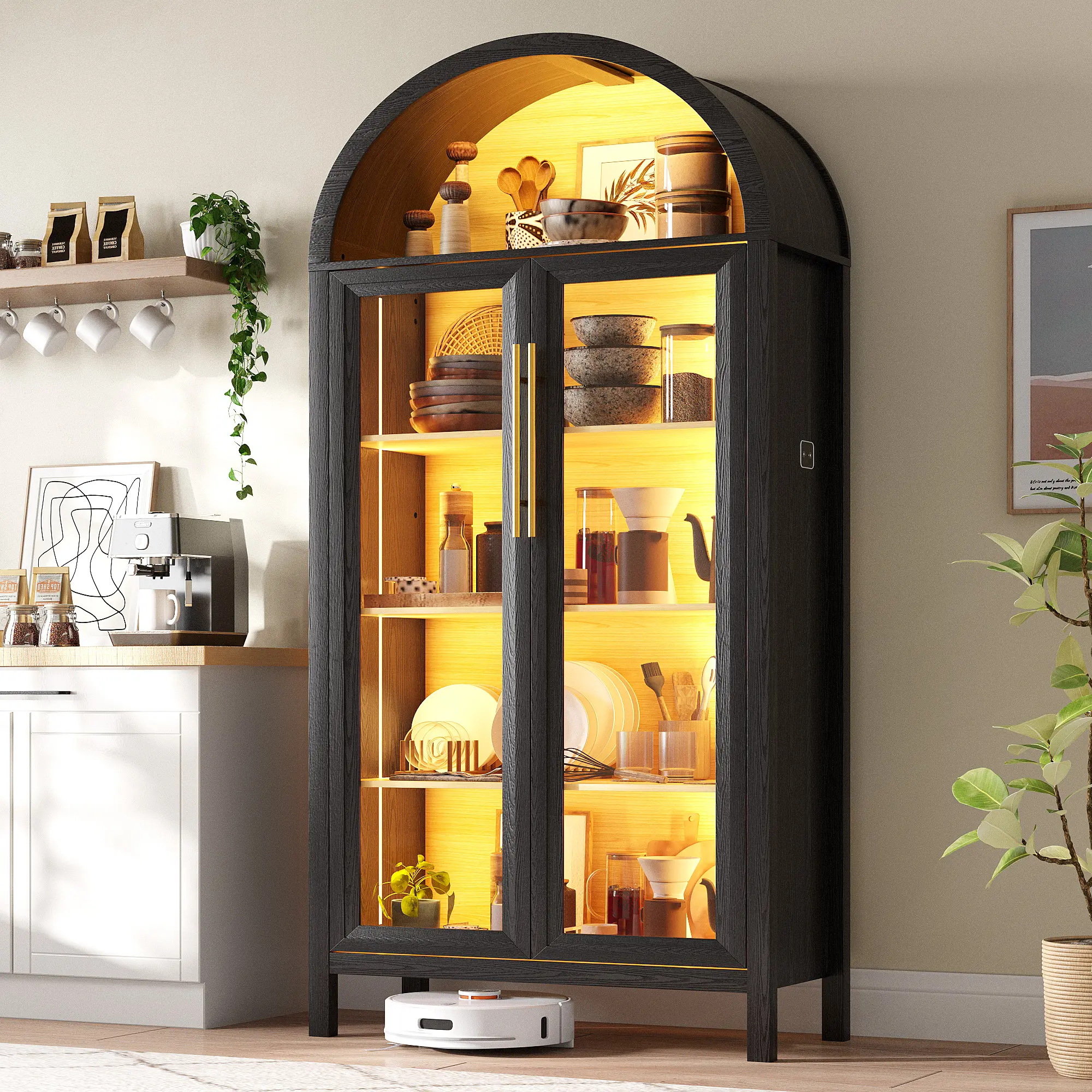 Dystler Arched Wood Pantry Cabinet with Glass Doors, 5-Tier Self-Assembly Storage Hutch with 3-Color LED Lights & Motion Sensor, Display Curio Case for Pantry Cabinet Organization, Modern Indoor Cupboard for Kitchen, Dining Room (Summerwins)