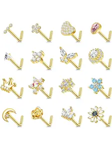16 Pcs Silvery Rose Golden Nose Studs for Women Men Classic L Shape Nose Studs Stainless Steel Shining Cubic Zirconia Exquisite Butterfly Flower Crown Shape Nose Studs Piercing Jewelry Set for Summer Vacation