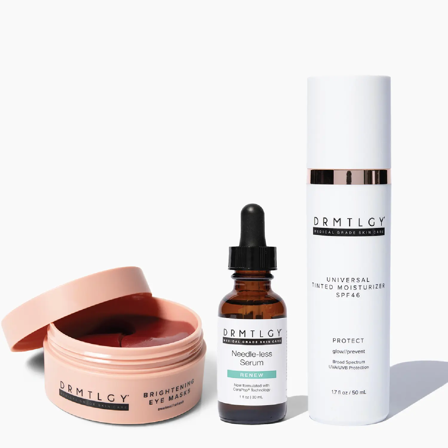 DRMTLGY Favorites Bundle - Brightening Eye Masks, Needle-less Serum, Universal Tinted Moisturizer SPF 46 DRMTLGY Favorites Bundle - Brightening Eye Masks, Needle-less Serum, Universal Tinted Moisturizer SPF 46