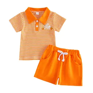 2Pcs Toddler Boy Easter Outfits Short Sleeve Lapel Collar Bunny Carrot Embroidery Shirt and Elastic Waist Shorts Set