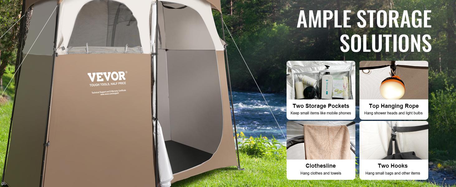 VEVOR Camping Shower Tent, TikTokShopBlackFriday, 83" x 42" x 83" 2 Rooms Oversize Outdoor Portable Shelter, Privacy Tent with Detachable Top, Pockets, Hanging Rope and Clothesline, for Dressing, Changing, Toilet, Bathroom