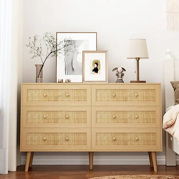 6 Drawer Rattan Dresser,48" Modern Double Dresser for Bedroom, Wide Chest of Drawers, Wood Storage Cabinet for Bedroom,Entryway, Living Room,Hallway Furniture drawer dresser fathers day gift ideas