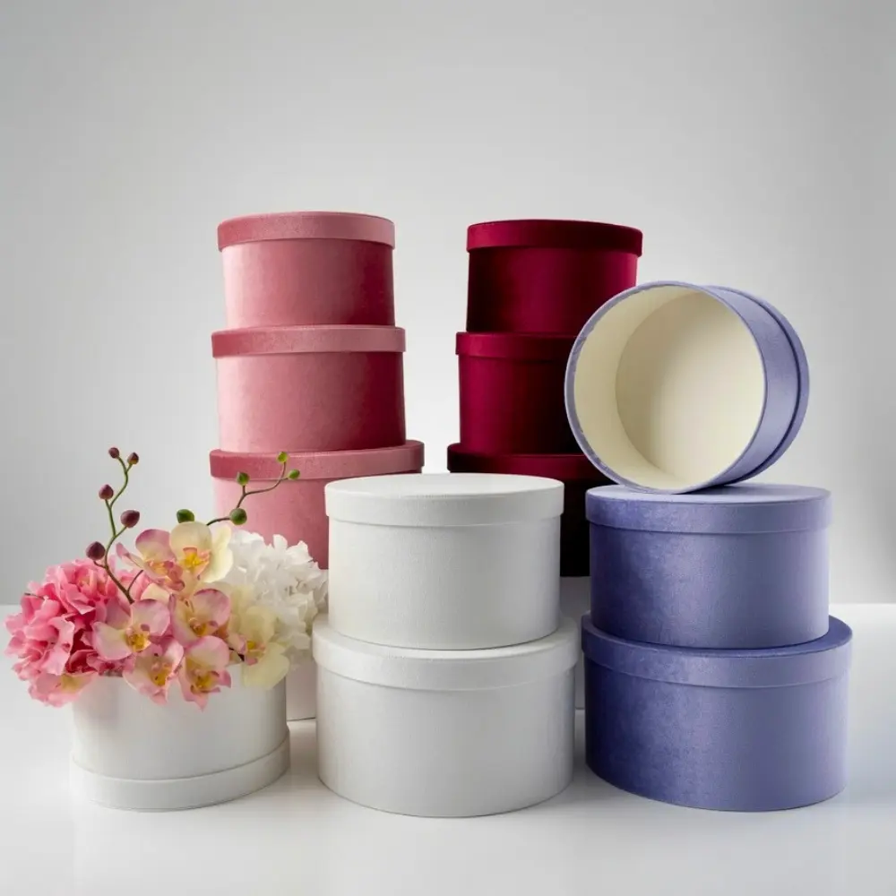 Set of 3, Luxurious Velour Large Round Flower/Gift Boxes with Lids, Various Colors | W155