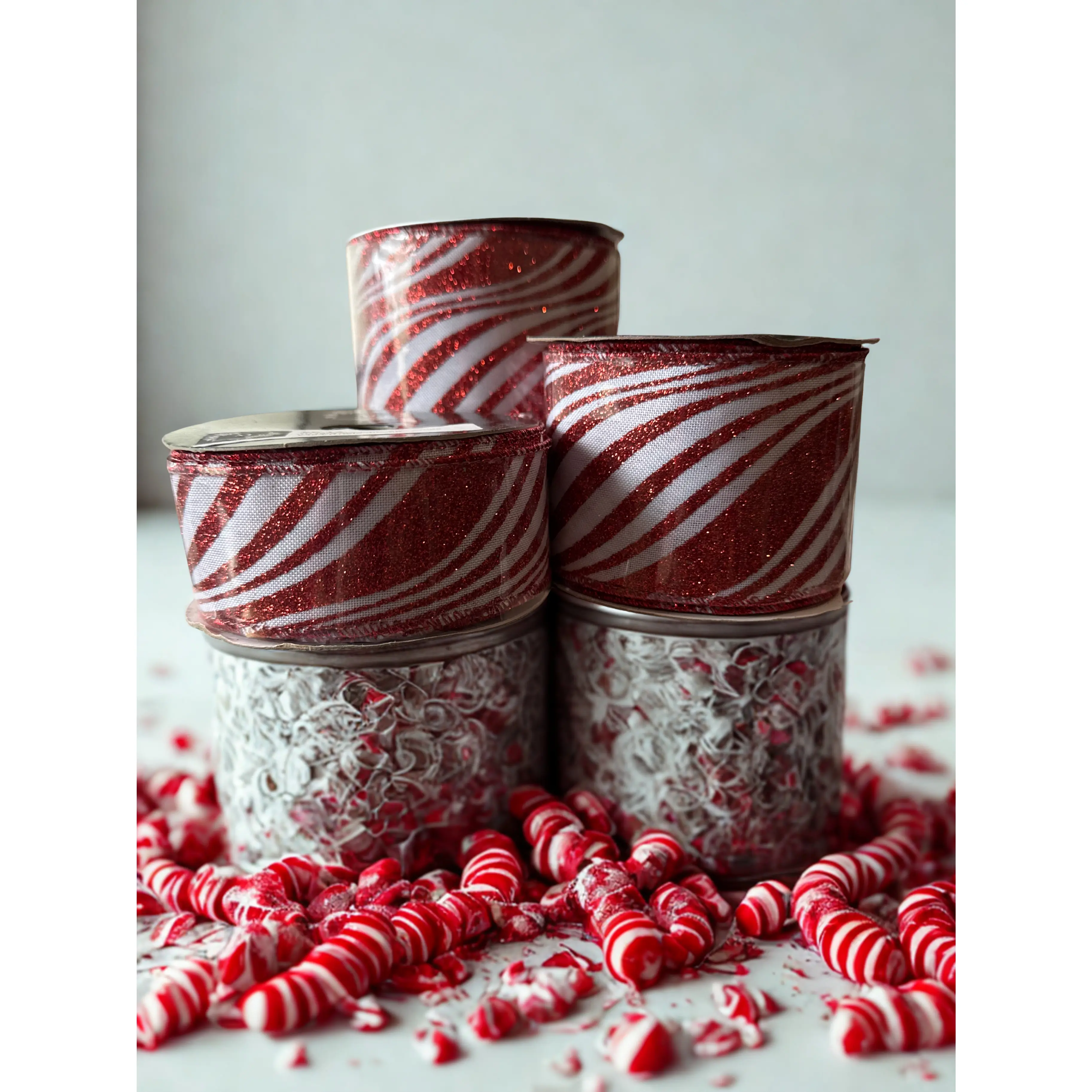 4-in White Wired Fabric Ribbon with Red Glitter Edge Peppermint Swirl - Single Roll 4in x 10yd Sewing Accessory for DIY Crafts, Wreaths/Garlands, Rustic Farmhouse Christmas Decor, Christmas Trees